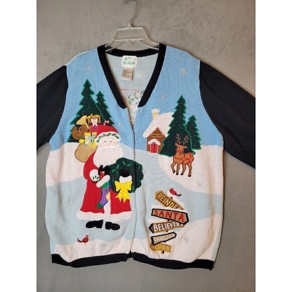 Vtg Quacker Factory Christmas Sweater Santa Reindeer Trees The North Pole Sz 1X - Picture 1 of 16